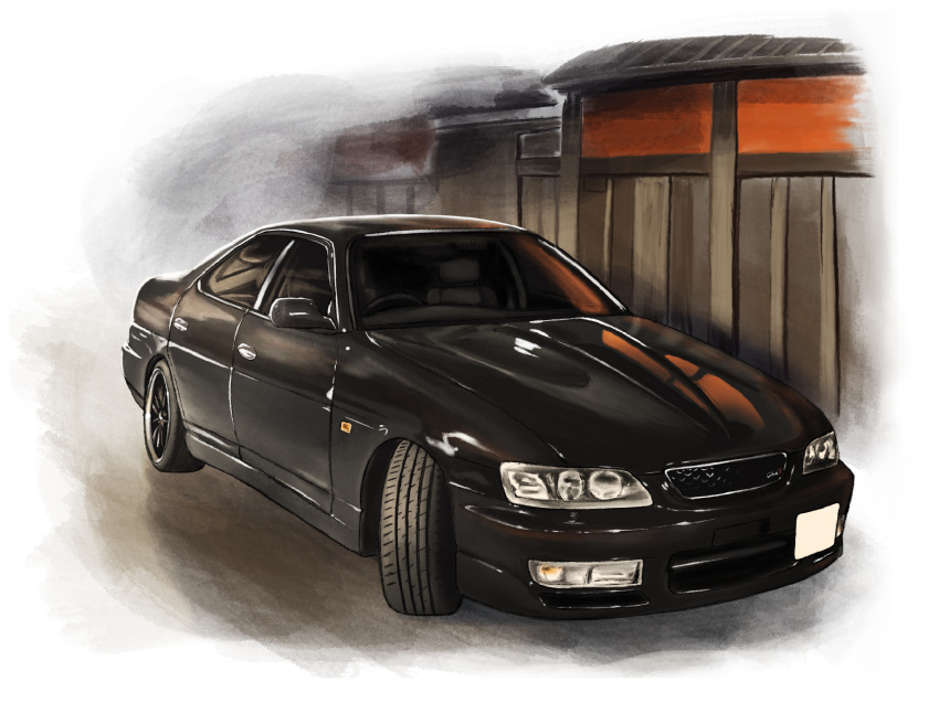 black_car, building, car, highres, k.tofu, motor_vehicle, nissan, nissan_laurel