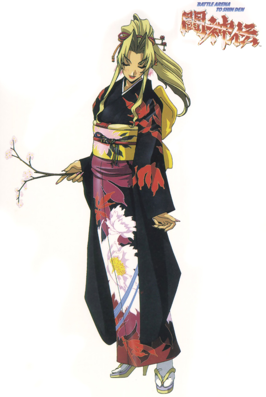 90s, battle_arena_toshinden, blonde_hair, closed_eyes, hair_ornament, hairpin, high_heels, highres, japanese_clothes, kimono, kotobuki_tsukasa, lipstick, logo, long_hair, long_sleeves, nail_polish, official_art, shoes, sofia, sofia_(battle_arena_toshinden), solo, title_drop, white_background