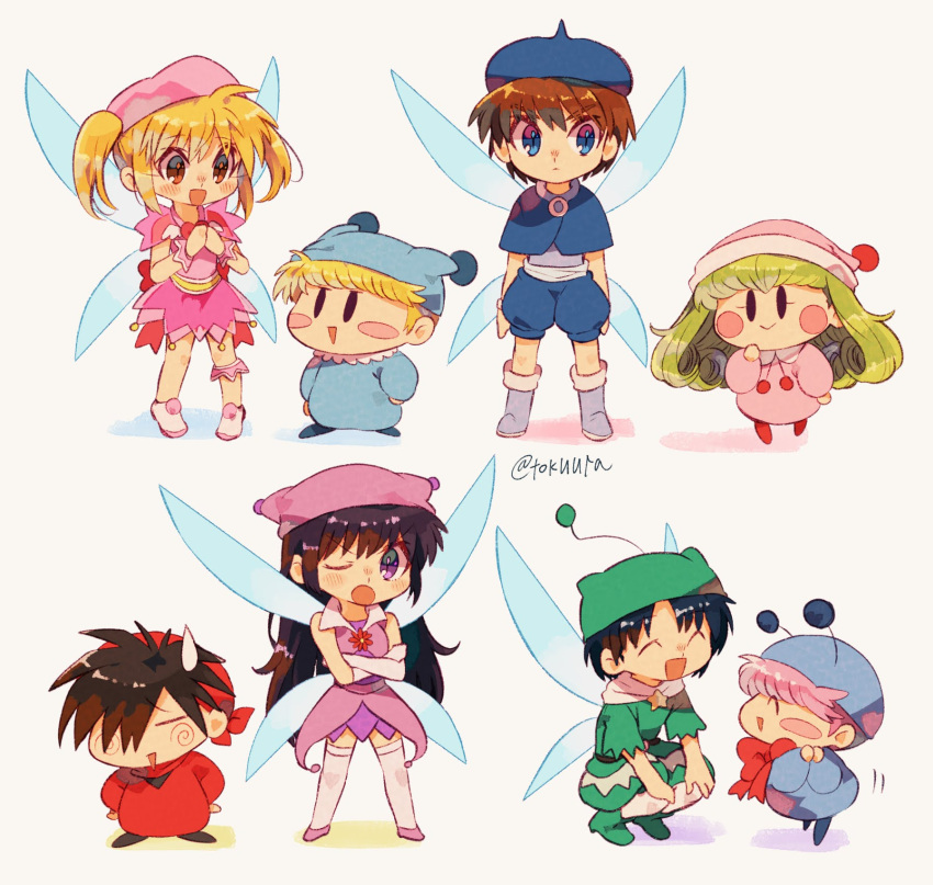 3girls, 5boys, ^_^, bandana, blonde_hair, blue_eyes, blue_pajamas, blush_stickers