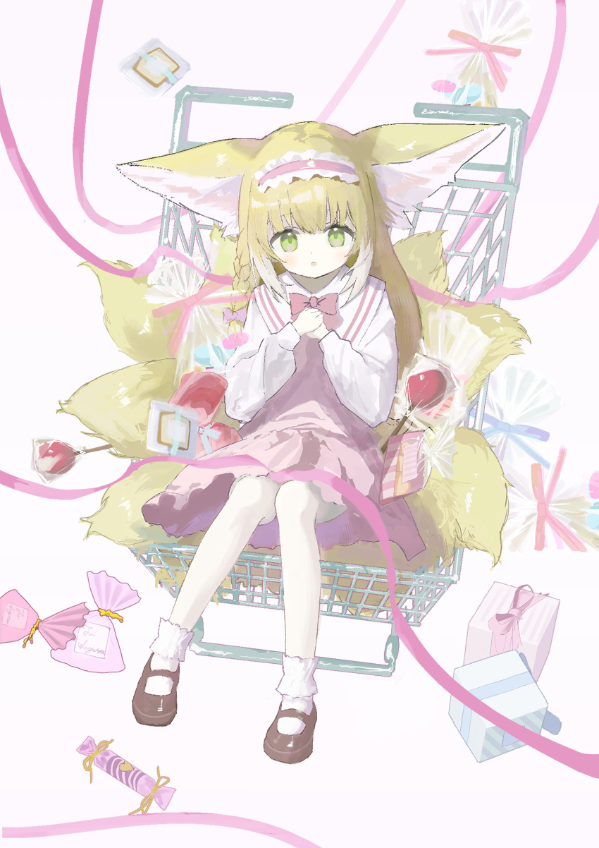 1girl, absurdres, animal_ears, arknights, bad_hands, blonde_hair, brown_footwear, candy