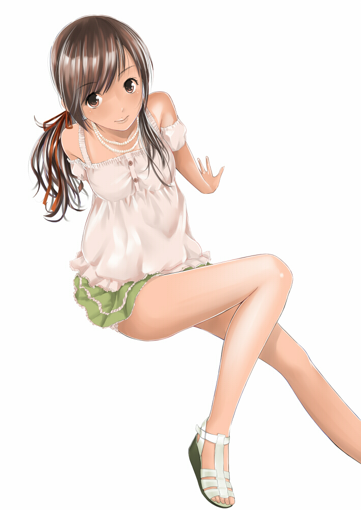 brown_eyes, brown_hair, hitori_(htr_t), legs, original, sandals, simple_background, skirt