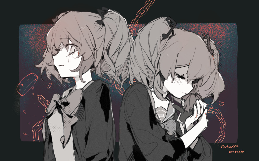2girls, animal_collar, artist_name, back-to-back, black_border, blue_background, border, bow