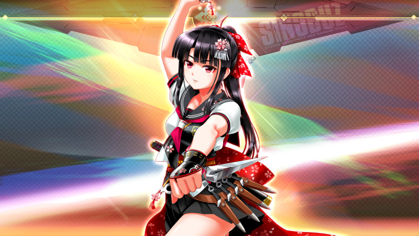 1girl, beatmania_iidx, black_hair, breasts, goli_matsumoto, hair_between_eyes, hair_ornament, holding