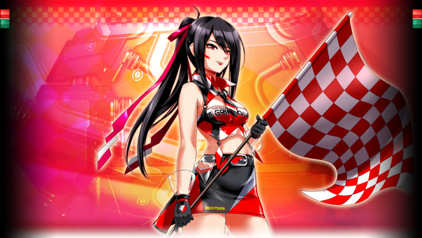 1girl, beatmania_iidx, black_hair, breasts, covered_navel, facepaint, flag, gloves