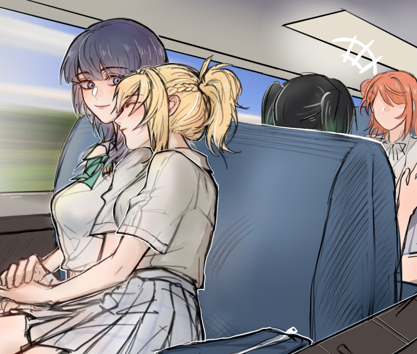 4girls, asaka_karin, bag, black_hair, blonde_hair, blue_eyes, blue_hair, blunt_bangs