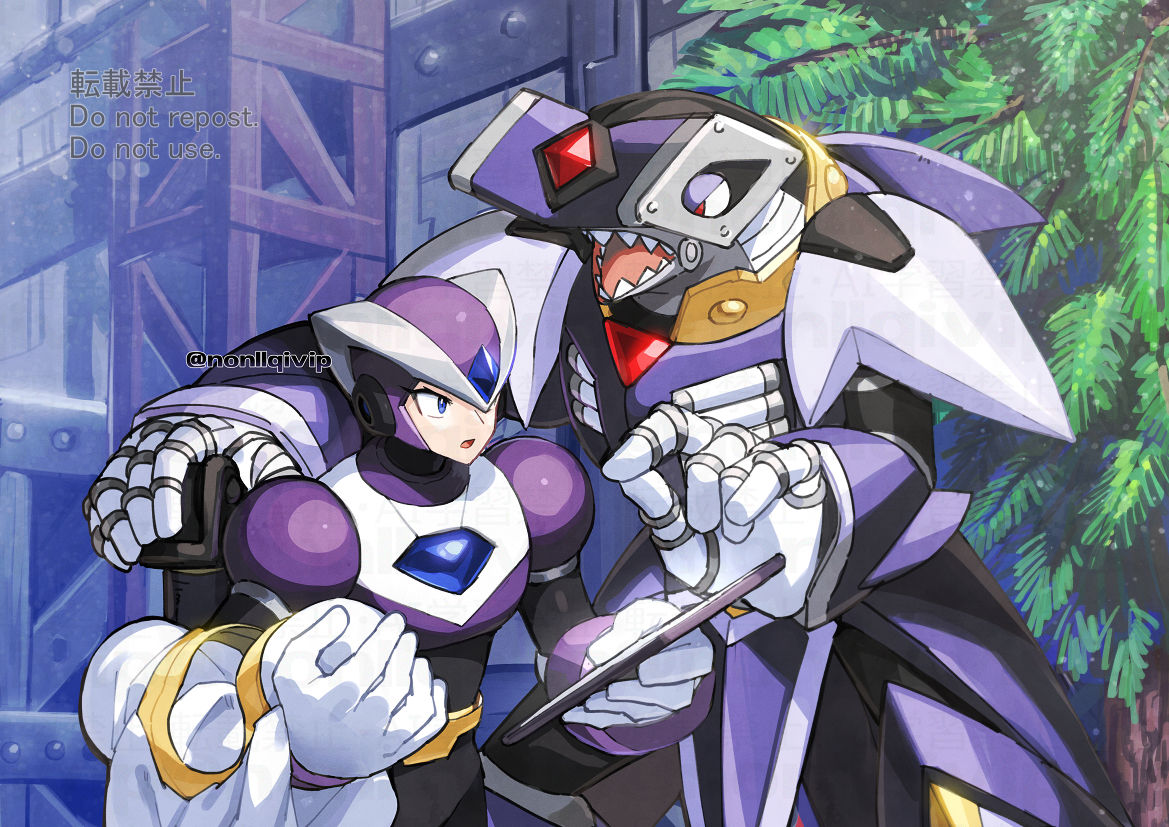 2boys, android, armor, chest_jewel, coat, forehead_jewel, gate_(mega_man), helmet, humanoid_robot, lab_coat, male_focus, mechanical_parts, mega_man_(series), mega_man_x6, mega_man_x_(series), metal_shark_player_(mega_man), multiple_boys, non-humanoid_robot, purple_armor, purple_helmet, red_eyes, robot, robot_animal, shark, sharp_teeth, teeth, tree, twitter_username, unworn_coat, upper_body, white_coat, yamanashi_taiki