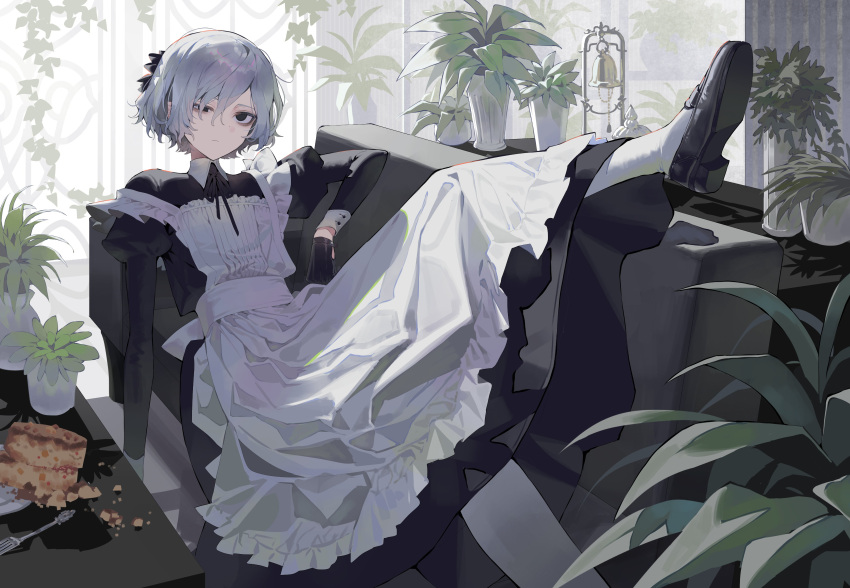 1boy, absurdres, androgynous, apron, black_eyes, black_gloves, couch, dungeon_meshi