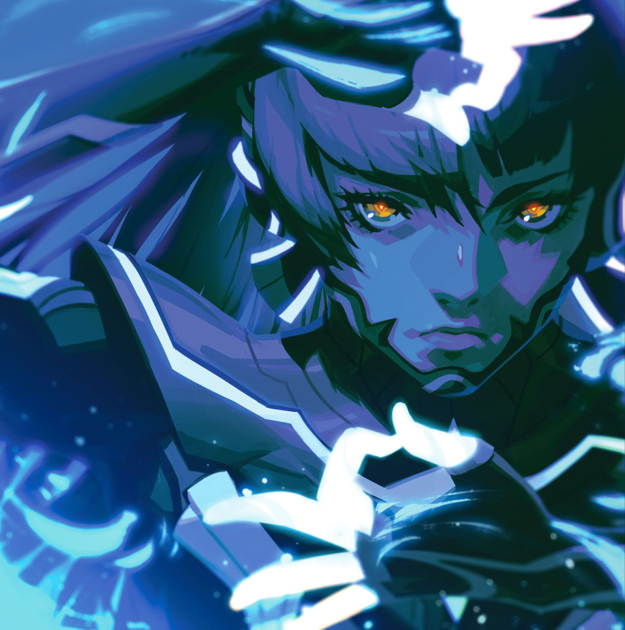 1girl, armor, arms_up, atlus, blue_hair, blue_light, chin_guard, close-up