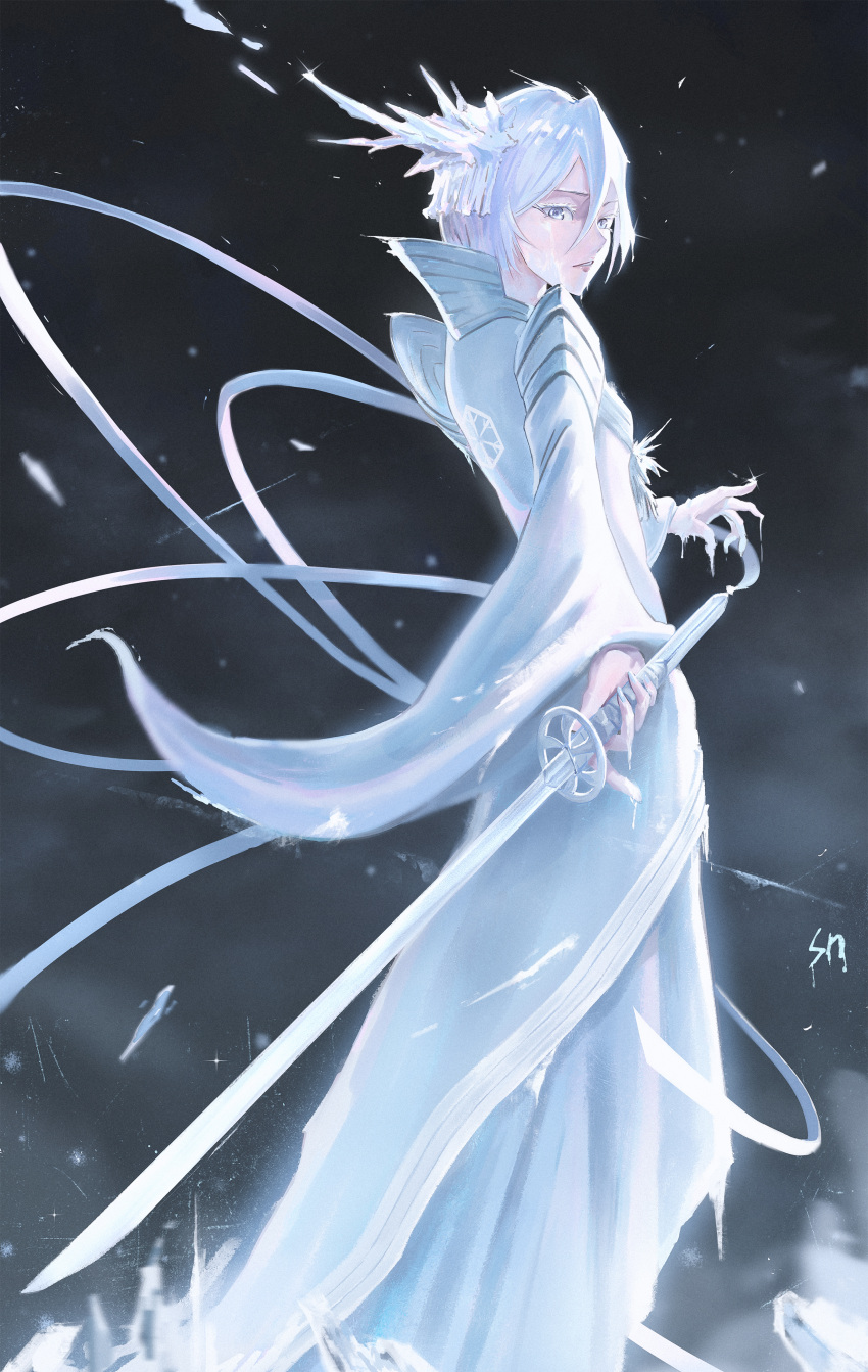 1girl, absurdres, bankai, bleach, bleach:_sennen_kessen-hen, colored_eyelashes, cryokinesis, crystal_sword