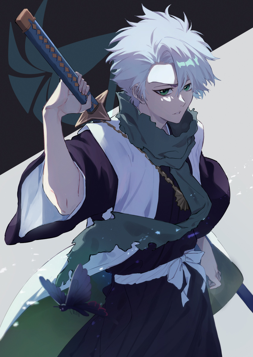 1boy, absurdres, black_background, black_kimono, bleach, bleach:_sennen_kessen-hen, green_eyes, grey_background