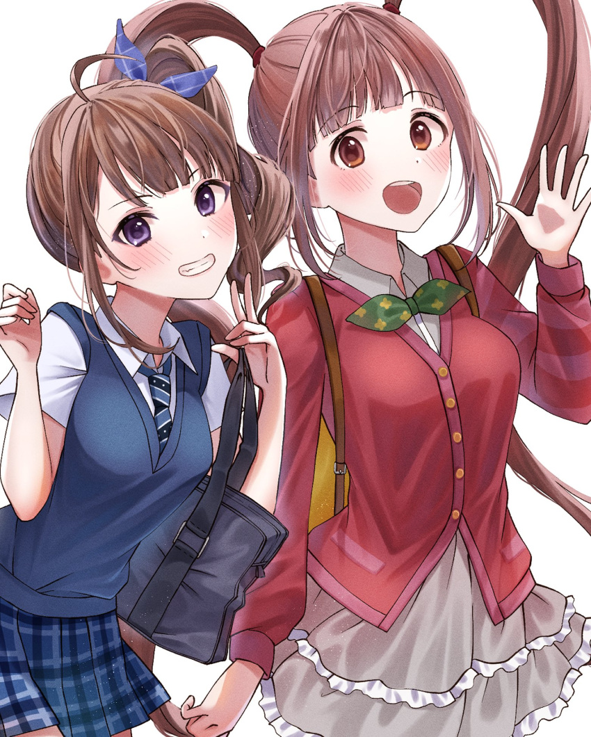2girls, ahoge, ayn_(ayn_kau), backpack, bag, black_bag, black_vest, blue_ribbon