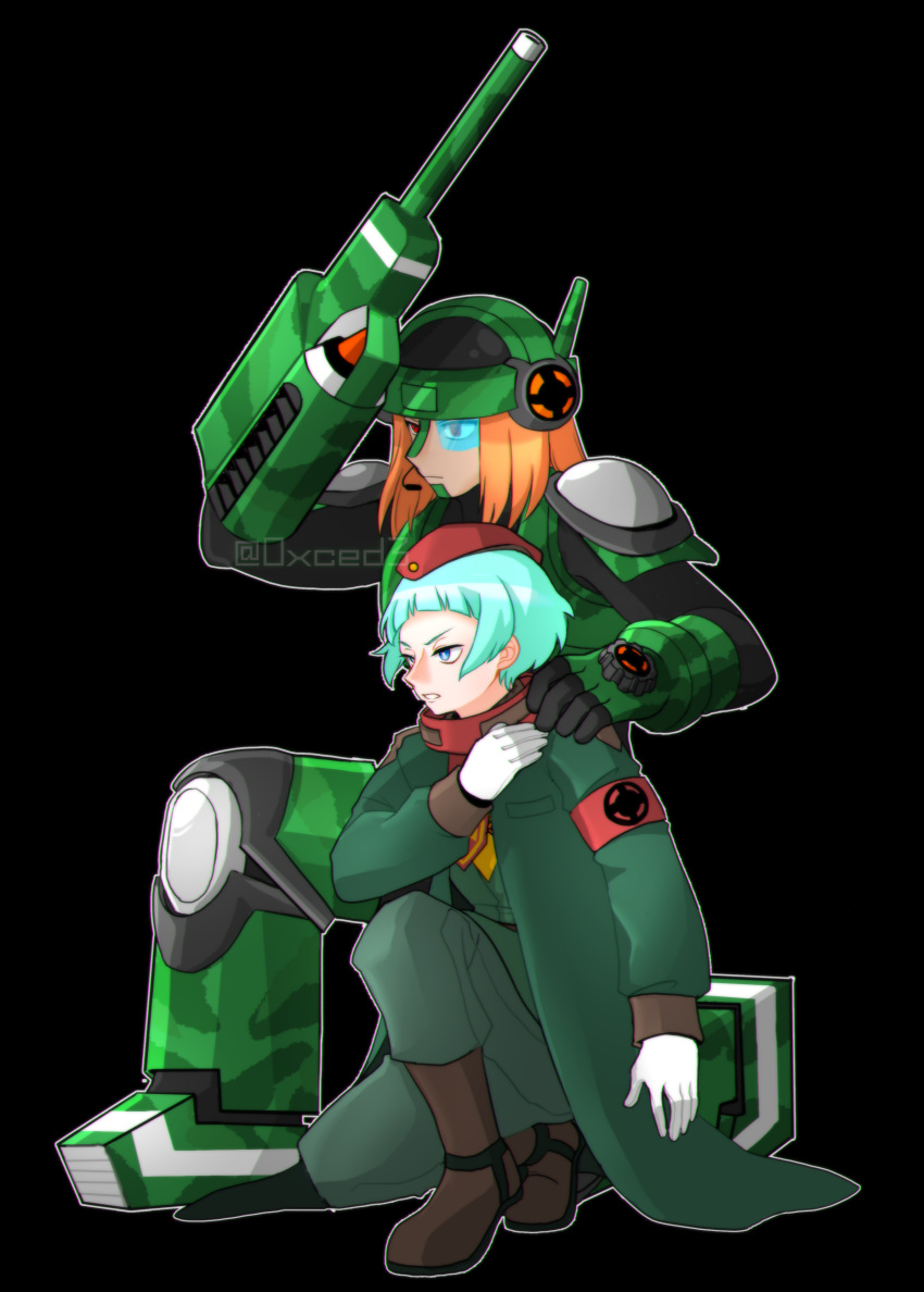 0xced3, 2boys, absurdres, arm_cannon, arm_up, armband, black_background, blue_eyes
