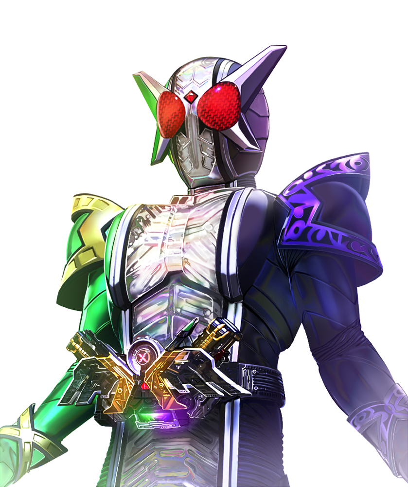 1boy, armor, belt, black_armor, double_driver, gaia_memory, green_armor, helmet