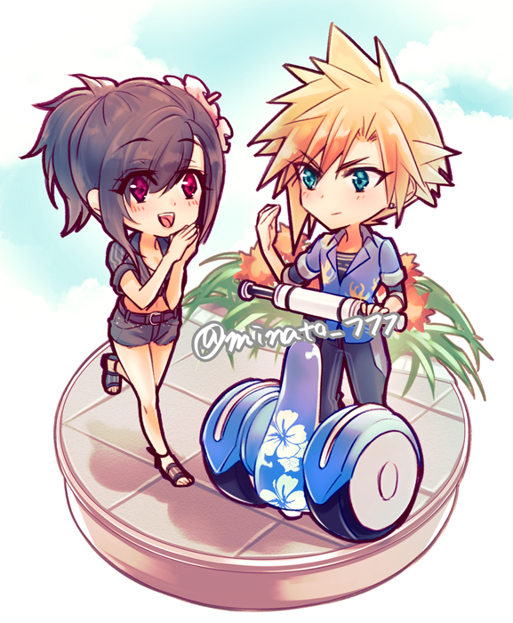 1boy, 1girl, belt, belt_buckle, black_hair, blonde_hair, blue_eyes, blue_shirt