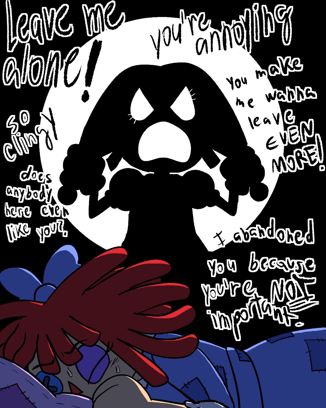 2girls, asymmetrical_eyes, bed, bow, closed_eyes, doll, english_text, eyed_silhouette