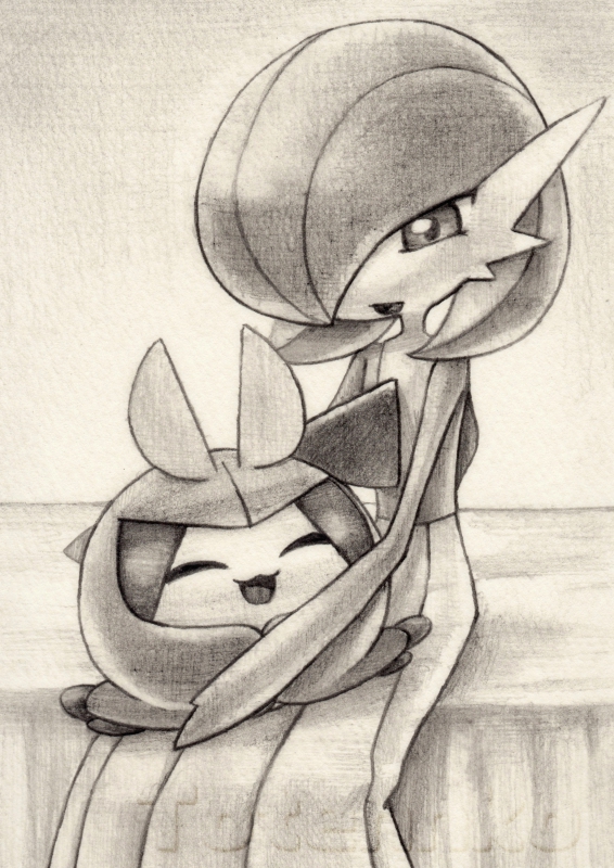 bob_cut, closed_eyes, dress, gardevoir, hair_over_one_eye, monochrome, open_mouth, pokemon, pokemon_(creature), simple_background, sitting, sitting_on_lap, sitting_on_person, smile, swadloon, totennko, traditional_media