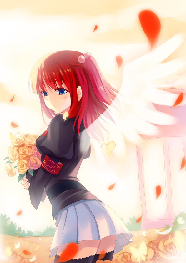 bad_id, blue_hair, blush, bouquet, butterfly, ecil, flower, li_(liras)