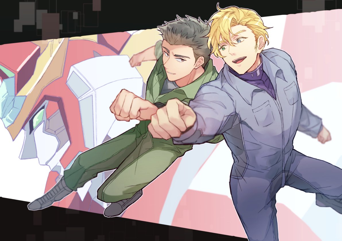 2boys, ao_isami, black_hair, blonde_hair, blue_jumpsuit, bravern, clenched_hand, dynamic_pose