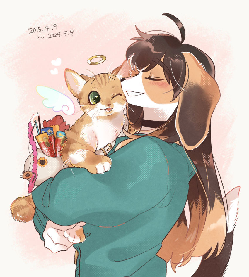 1girl, ;d, ahoge, angel_wings, animal, animal_ears, animal_nose, aqua_sweater