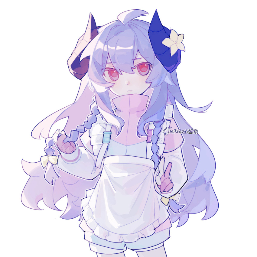1girl, ahoge, alternate_costume, apron, braid, cowboy_shot, expressionless, frilled_apron