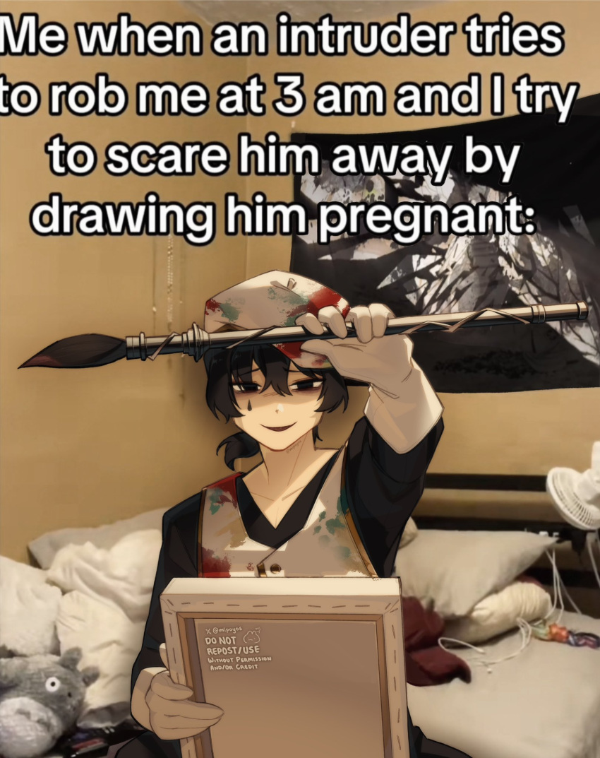 1boy, beret, black_eyes, black_hair, black_shirt, canvas_(object), english_text, gloves, hat, highres, image_macro_(meme), impact_(font), limbus_company, meme, mipoyos, paint, paintbrush, photo_background, project_moon, shirt, short_hair, smock, solo, teardrop_facial_mark, twitter_username, v-neck, white_gloves, wings, yi_sang_(project_moon)