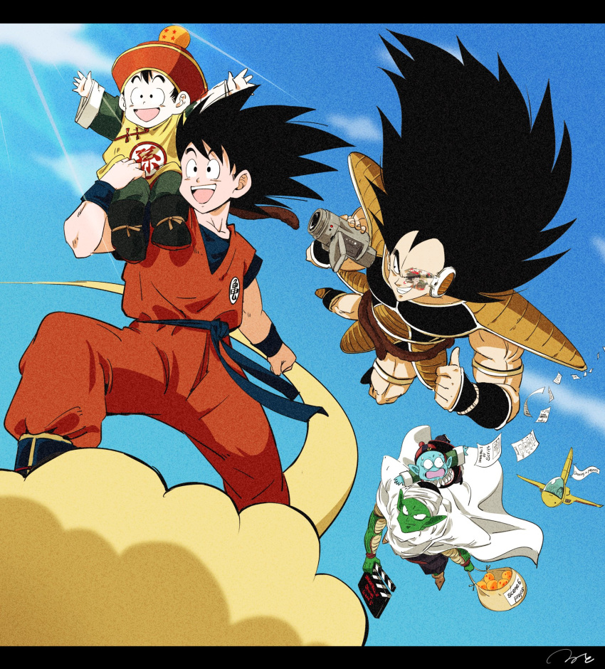 5boys, arms_up, black_hair, brothers, camera, cloak, clouds, collarbone