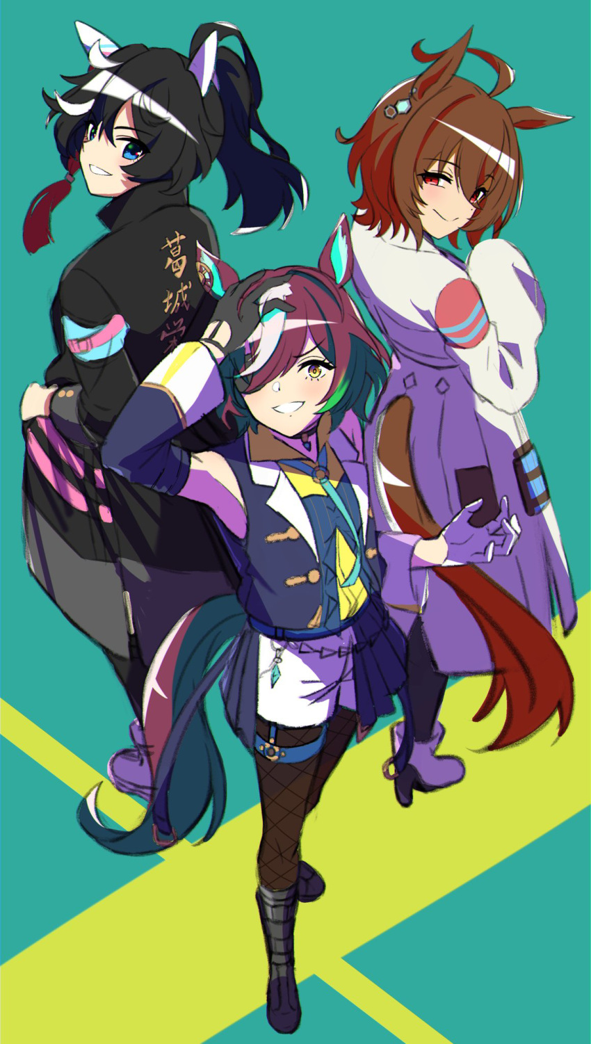 3girls, agnes_tachyon_(umamusume), ahoge, animal_ears, asymmetrical_gloves, black_coat, black_footwear, black_gloves