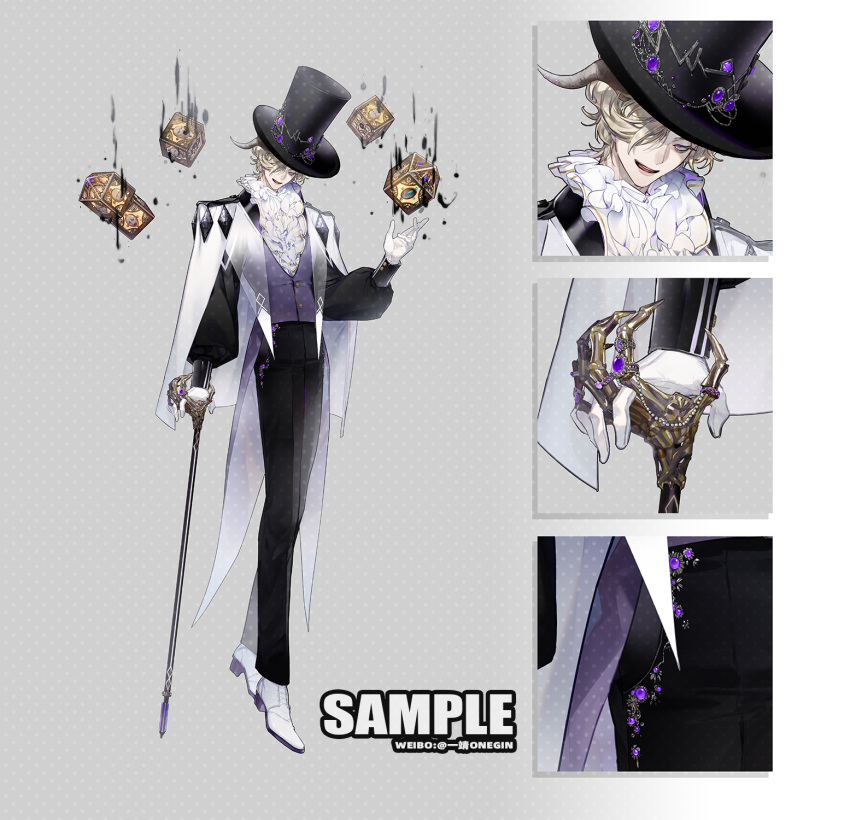 1boy, ascot, bishounen, black_hat, black_pants, black_shirt, black_sleeves, blonde_hair, buttons, cane, center_frills, chinese_commentary, close-up, commentary_request, frills, full_body, gem, gloves, grey_background, hair_over_one_eye, hat, high_collar, highres, holding, holding_cane, horns, ichi_yasushi, long_sleeves, male_focus, open_mouth, original, outstretched_hand, pants, polka_dot, polka_dot_background, puffy_long_sleeves, puffy_sleeves, purple_gemstone, purple_vest, sample_watermark, shirt, shoes, short_hair, simple_background, smile, tachi-e, telekinesis, top_hat, vest, violet_eyes, watermark, white_ascot, white_footwear, white_gloves, white_horns