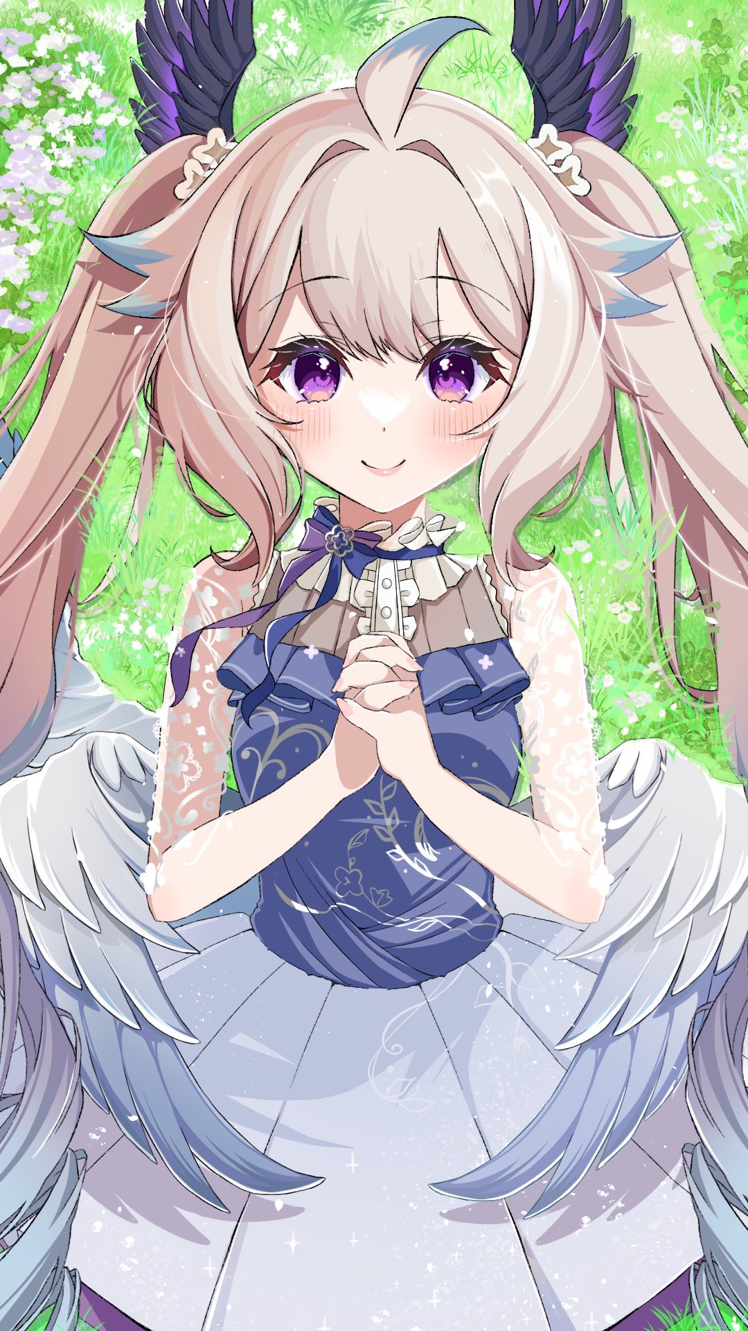 1girl, 6_may_6, ahoge, aqua_hair, black_wings, blush, bow, center_frills