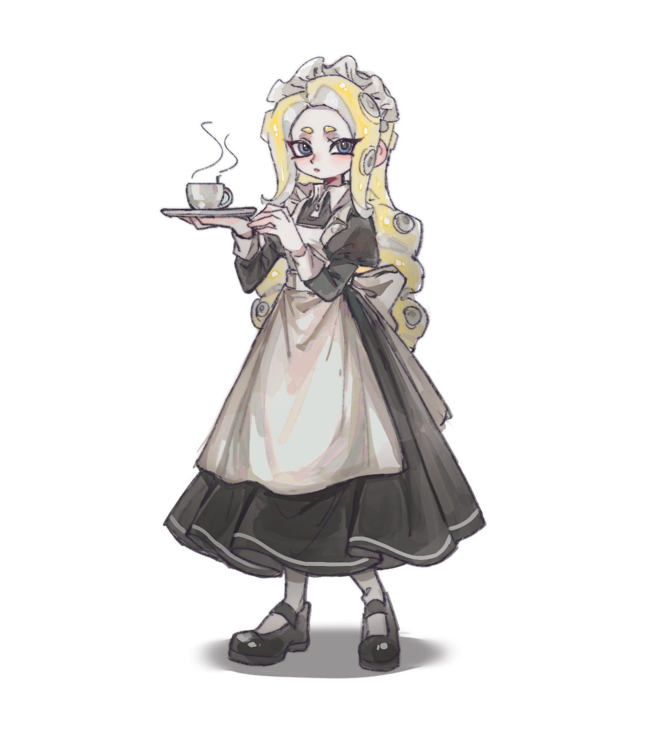 1girl, apron, back_bow, black_dress, black_footwear, blonde_hair, blue_eyes, bow