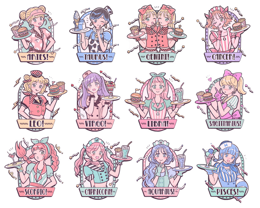 6+girls, aquarius_(symbol), aries_(symbol), burger, cancer_(symbol), capricorn_(symbol), cocktail, english_text, food, french_fries, gemini_(symbol), highres, horoscope, ice_cream, kohaku_ame, leo_(symbol), libra_(symbol), looking_at_viewer, maid, maid_cafe, maid_day, multiple_girls, original, pisces_(symbol), sagittarius_(symbol), scorpio_(symbol), smile, sundae, taurus_(symbol), virgo_(symbol)