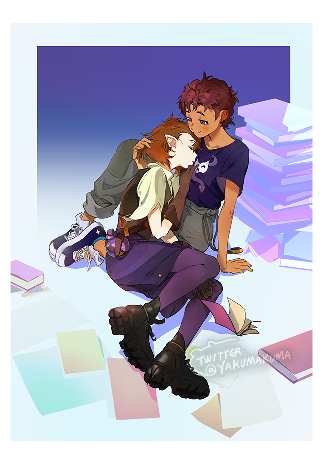 2girls, amity_blight, arm_support, artist_name, book, book_stack, brown_hair, couple