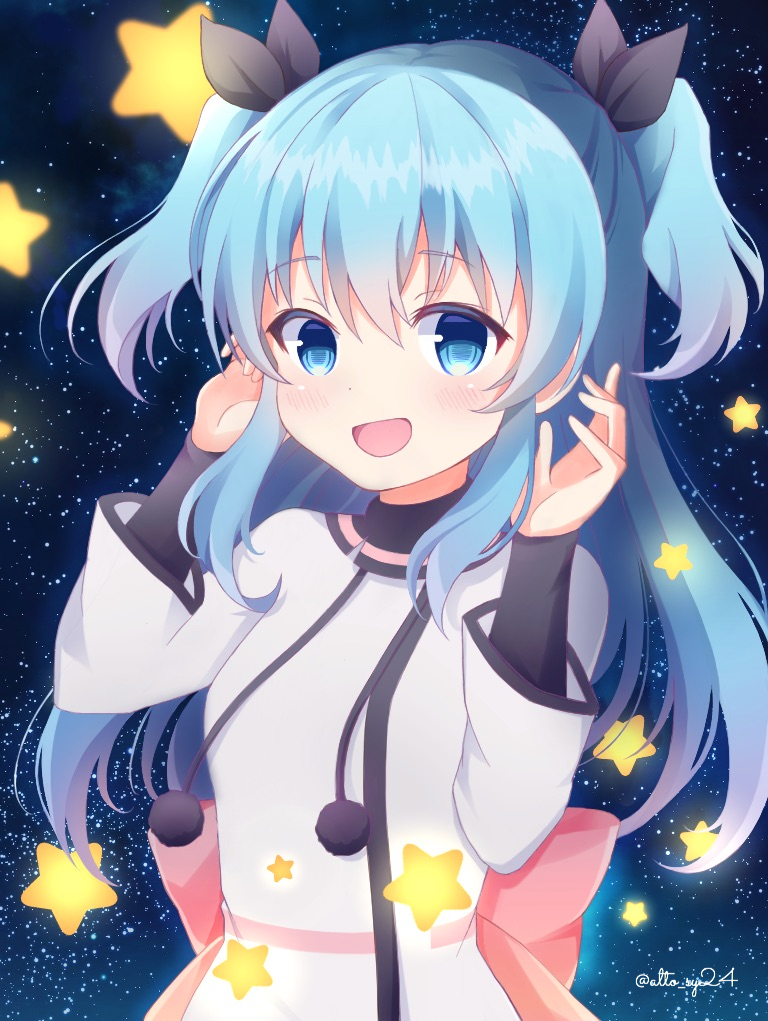 1girl, alto_sy24, artist_name, black_ribbon, blue_eyes, blue_hair, blush, bow, commentary, commentary_request, dress, hair_between_eyes, hair_ribbon, long_hair, looking_at_viewer, noel_(sora_no_method), open_mouth, ribbon, smile, solo, sora_no_method, star_(sky), twintails, two_side_up, very_long_hair, white_dress, yellow_star
