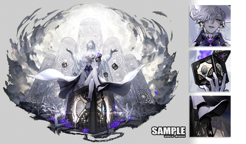 1boy, bandage_over_one_eye, bishounen, black_sclera, bow, bowtie, box, brooch