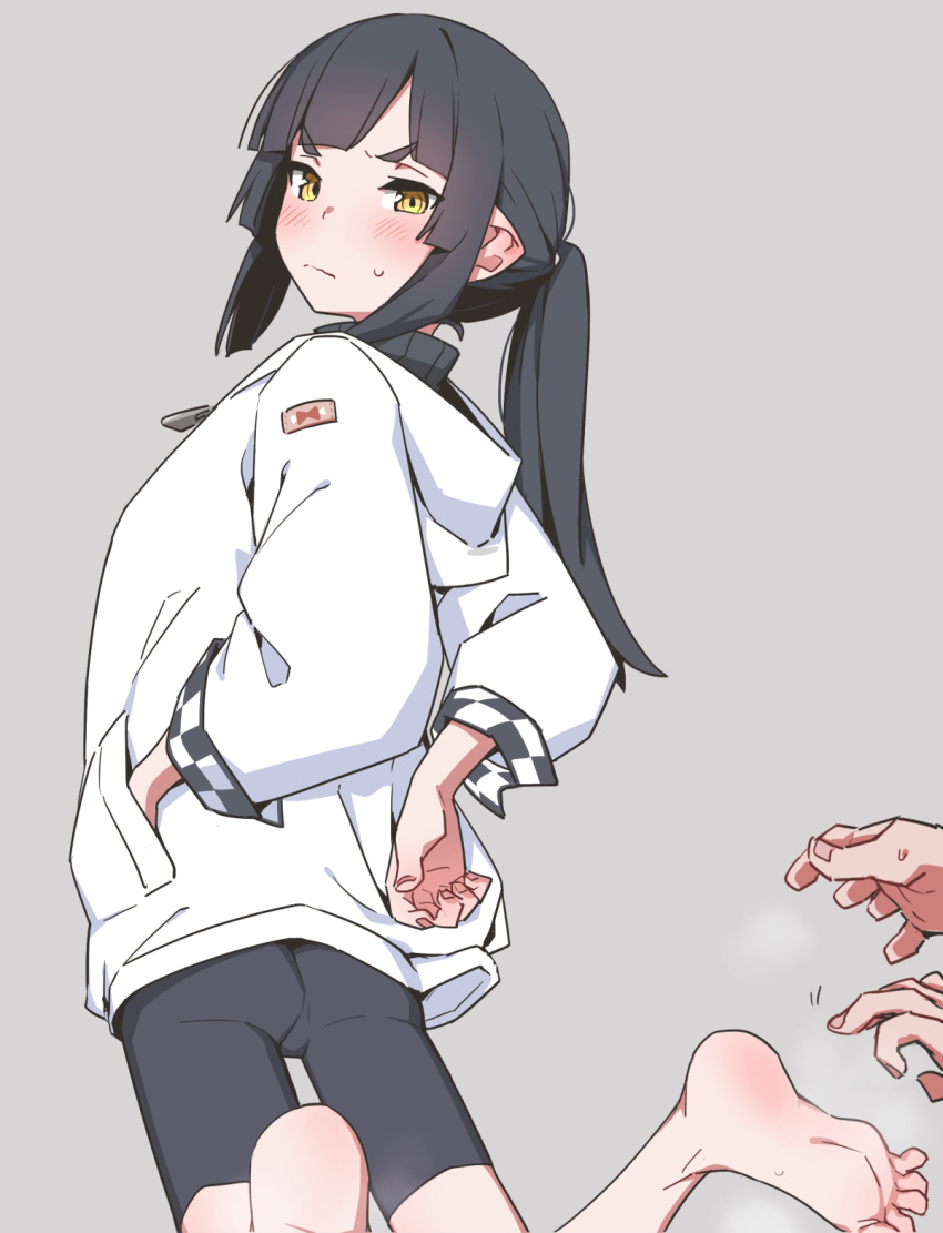 1girl, akari_(raigou), barefoot, black_hair, black_leggings, blush, boned_meat, closed_mouth