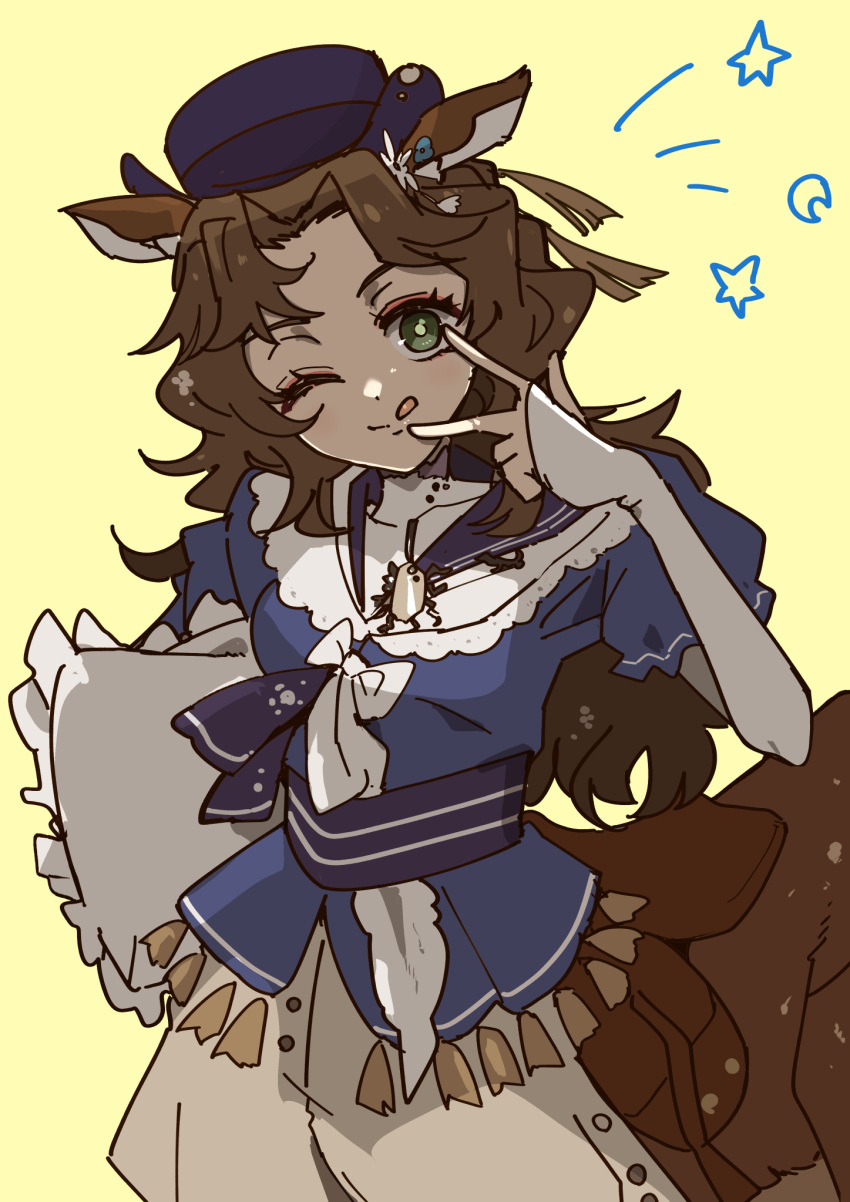 1girl, ;q, animal_ears, blue_sash, blue_shirt, breasts, brown_hair, centauroid, coat, commentary_request, cowboy_shot, crescent, deer_ears, deer_girl, ear_ornament, eyeliner, green_eyes, hat, highres, jessica_(reverse:1999), layered_sleeves, long_hair, long_sleeves, looking_at_viewer, makeup, medium_breasts, monster_girl, official_alternate_costume, one_eye_closed, parted_bangs, partial_commentary, purple_hat, red_eyeliner, reverse:1999, sash, shirt, short_sleeves, sidelocks, simple_background, sleeves_past_wrists, smile, solo, standing, star_(symbol), tassel, taur, tongue, tongue_out, v, wavy_hair, white_coat, yellow_background, ziyunshanding