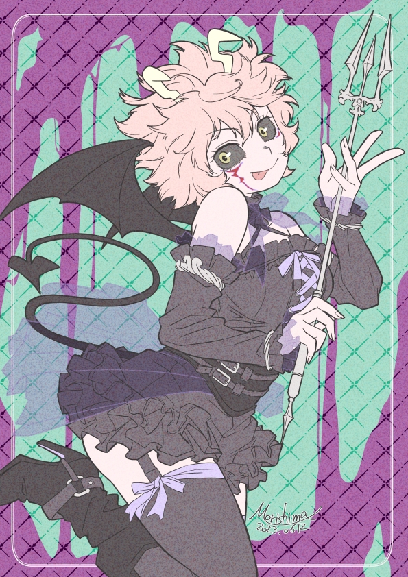 1girl, alternate_costume, artist_name, ashido_mina, black_dress, black_sclera, boku_no_hero_academia, colored_sclera