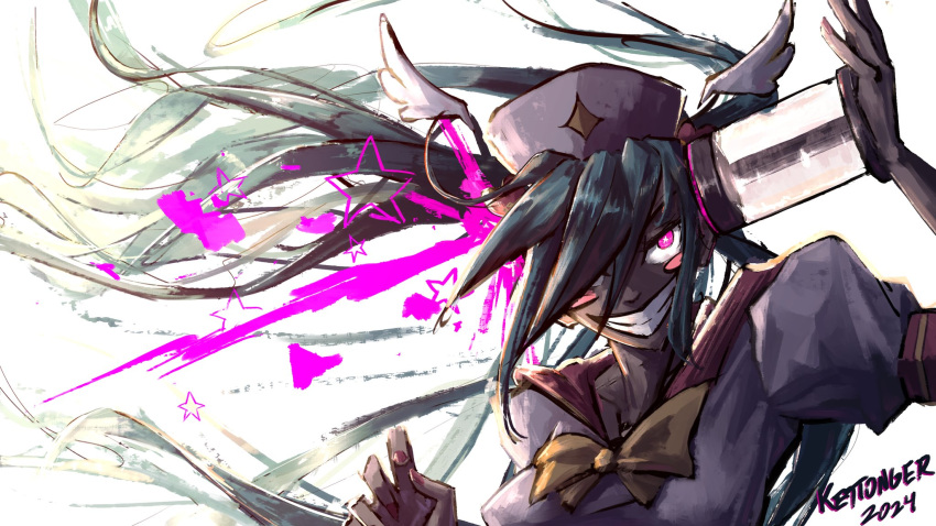 1girl, 2024, artist_name, blue_hair, blush_stickers, bow, bowtie, breasts, commentary, english_commentary, grin, hair_between_eyes, hat, hatsune_miku, hatsune_miku_expo, highres, holding, holding_syringe, kettonger, long_bangs, long_hair, looking_at_viewer, m@gical_cure!_love_shot!_(vocaloid), medium_breasts, nurse, nurse_cap, pink_eyes, puffy_short_sleeves, puffy_sleeves, shirt, short_sleeves, simple_background, smile, solo, syringe, textless_version, twintails, upper_body, vocaloid, white_background, white_hat, white_shirt, wind, winged_hat, yellow_bow, yellow_bowtie