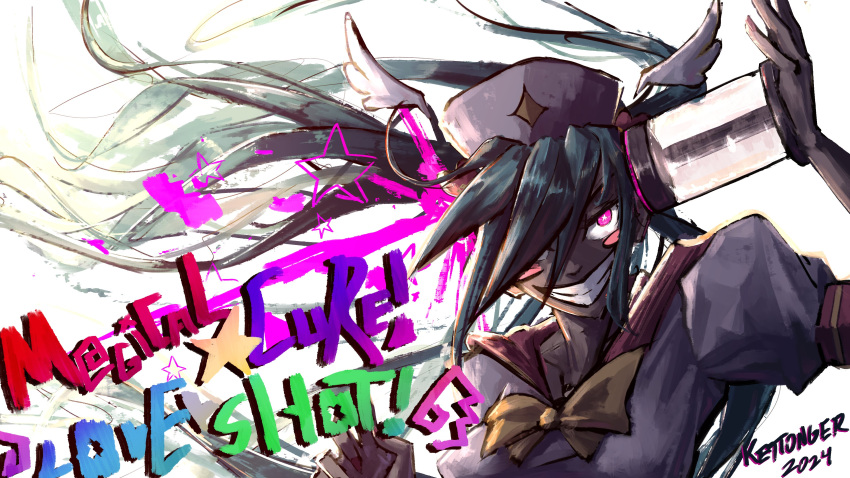 1girl, 2024, absurdres, artist_name, blue_hair, blush_stickers, bow, bowtie, breasts, commentary, english_commentary, grin, hair_between_eyes, hat, hatsune_miku, hatsune_miku_expo, highres, holding, holding_syringe, kettonger, long_bangs, long_hair, looking_at_viewer, m@gical_cure!_love_shot!_(vocaloid), medium_breasts, nurse, nurse_cap, pink_eyes, puffy_short_sleeves, puffy_sleeves, shirt, short_sleeves, simple_background, smile, solo, syringe, twintails, upper_body, vocaloid, white_background, white_hat, white_shirt, wind, winged_hat, yellow_bow, yellow_bowtie