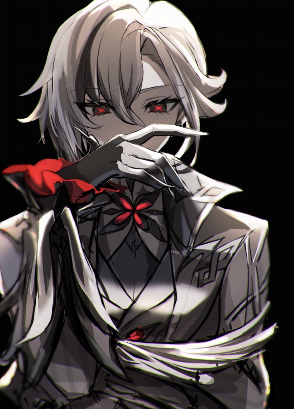 1girl, arlecchino_(genshin_impact), black_background, black_eyes, black_gloves, black_hair, bright_pupils, covered_mouth