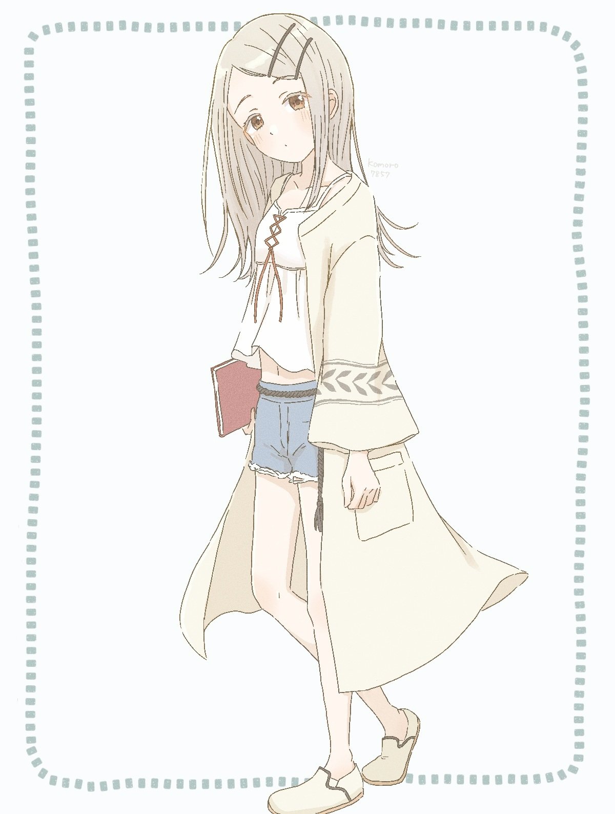 1girl, blush, book, brown_eyes, camisole, denim, denim_shorts, expressionless