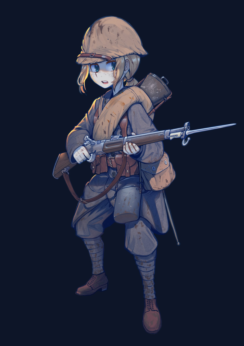 1girl, absurdres, adrian_helmet, ammunition_pouch, bag, bayonet, belt, blonde_hair