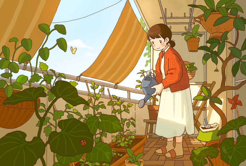 1girl, absurdres, blue_sky, brown_hair, bug, butterfly, chair, dress