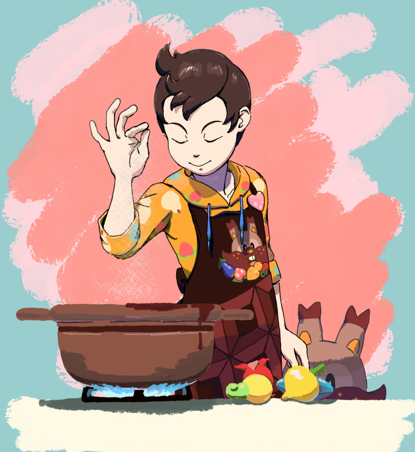 1boy, apron, berry_(pokemon), brown_apron, brown_hair, closed_eyes, cooking_pot, greedent, haban_berry, highres, hood, hoodie, male_focus, meme, official_alternate_costume, orange_hoodie, pokemon, pokemon_(creature), pokemon_masters_ex, salt_bae_(meme), shuca_berry, solid_oval_eyes, ushio_(72145253), victor_(palentine's_2024)_(pokemon), victor_(pokemon)