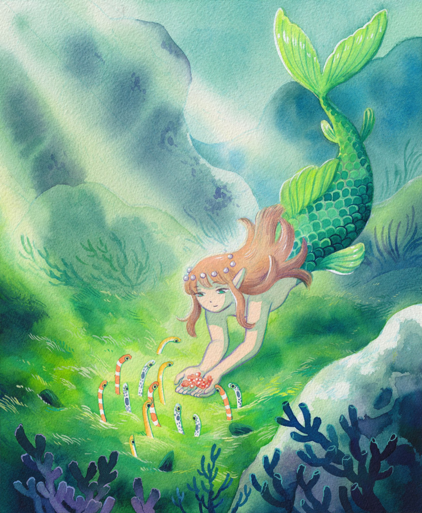bare_shoulders, closed_mouth, coral, eel, feeding_animal, fins, food, green_eyes