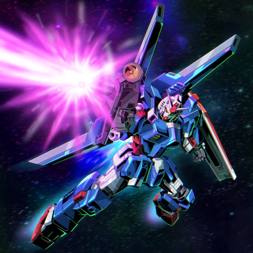 absurdres, arm_shield, beam_rifle, clenched_hand, commentary_request, energy_gun, exhaust, firing, flying, foreshortening, forever_gundam, gun, gundam, gunpla_builders_beginning_g, highres, holding, holding_gun, holding_weapon, ibuki_sakura_(sgw_v07), legs_apart, mecha, mecha_focus, mobile_suit, motion_blur, no_humans, robot, science_fiction, solo, space, star_(sky), v-fin, weapon, yellow_eyes