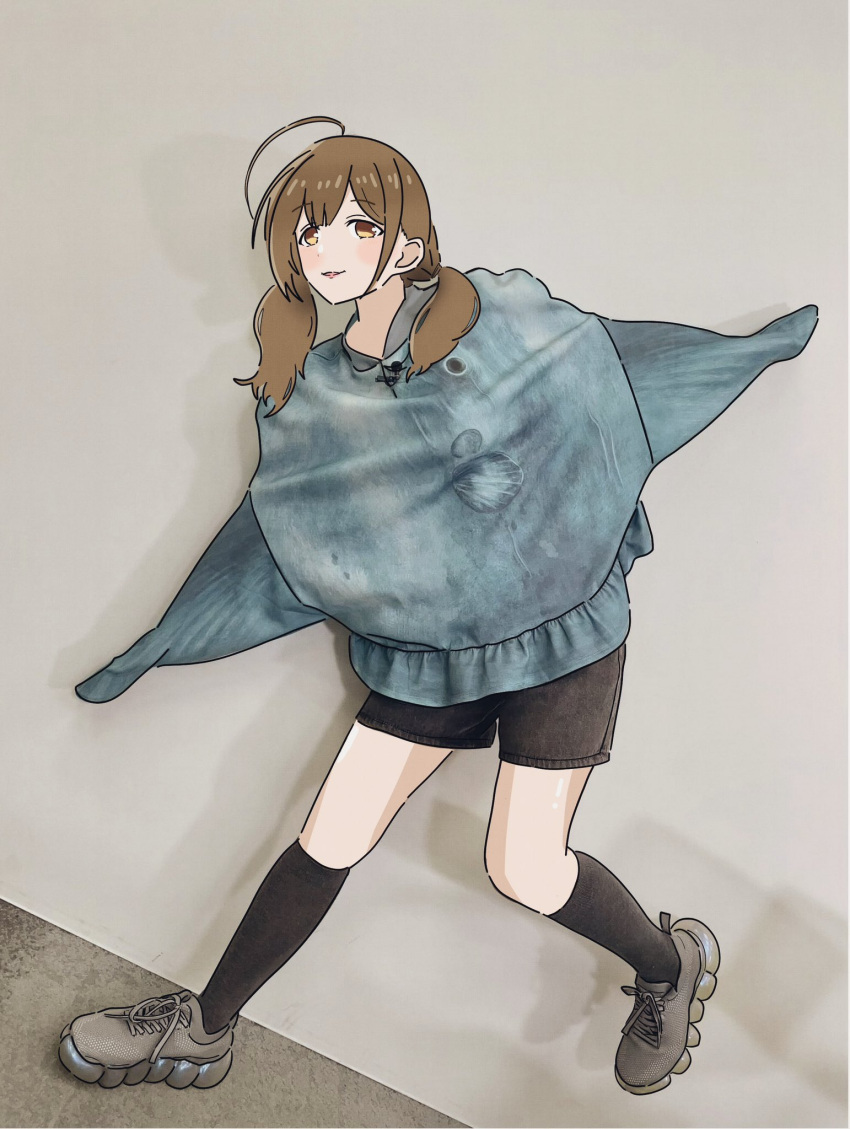 ahoge, animal-shaped_clothes, black_shorts, black_socks, blush, brown_hair, fish, highres