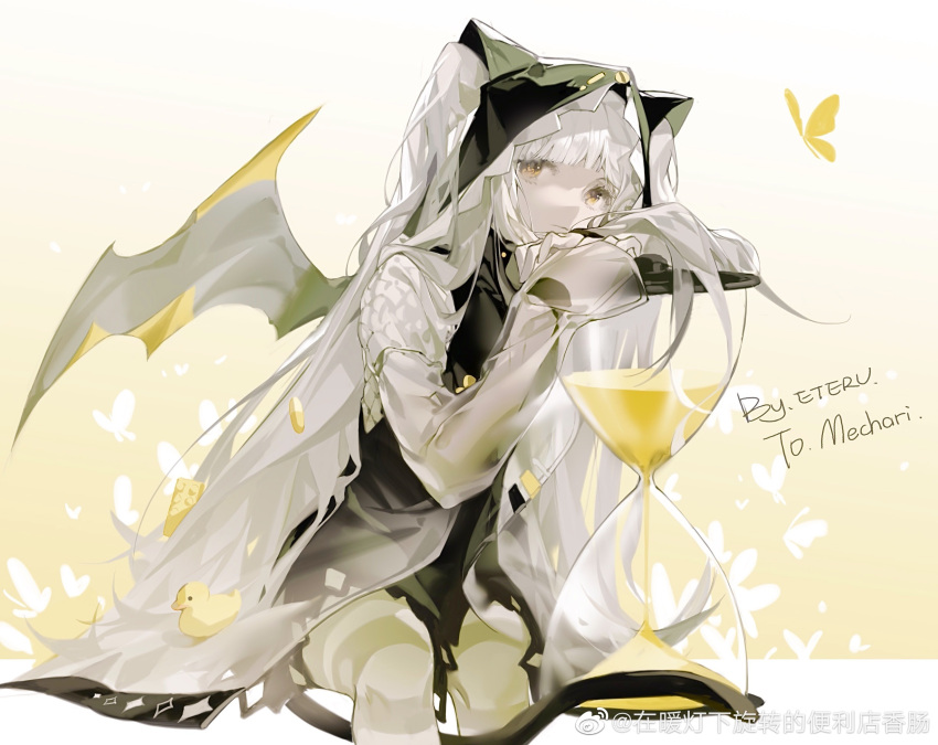 1girl, animal_ear_hood, animal_ears, black_dress, black_hood, bug, butterfly, cat_ears