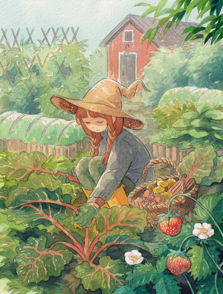 1girl, barn, boots, braid, brown_hat, chard, flower, food, fruit, garden, gardening, gloves, green_gloves, green_pants, grey_sweater, hat, heikala, highres, holding, holding_food, holding_leaf, leaf, mushroom, orange_hair, original, outdoors, painting_(medium), pants, plant, planter, rubber_boots, solo, strawberry, strawberry_blossoms, sweater, traditional_media, trellis, twin_braids, watercolor_(medium), witch_hat, yellow_footwear
