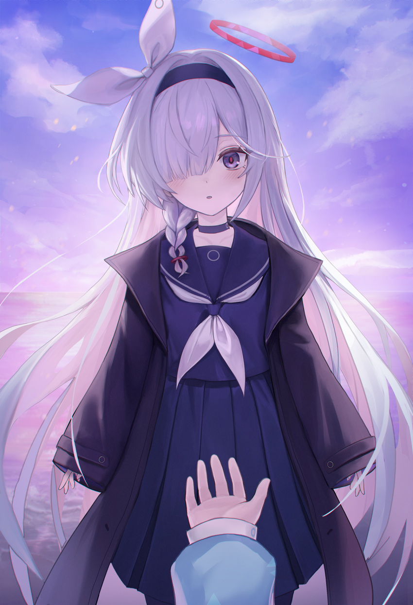 2girls, arona_(blue_archive), black_choker, black_coat, black_eyes, black_hairband, black_pantyhose, black_sailor_collar